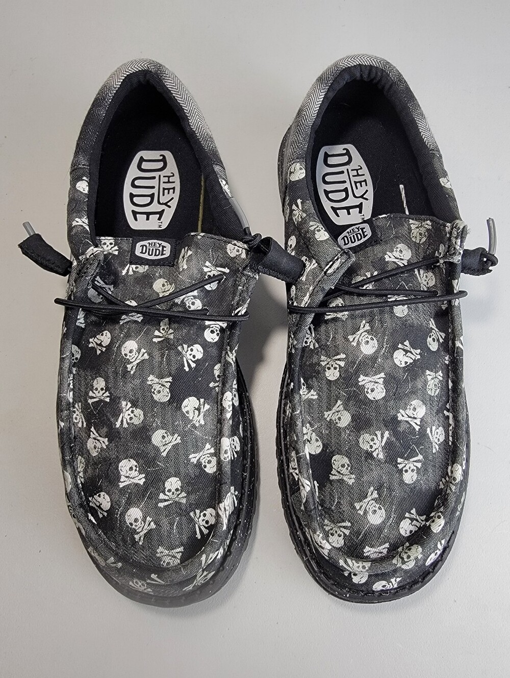 Hey Dude Lace Ups Wally Funk Skulls Distressed Black/Black Oyster Shoes Size 11